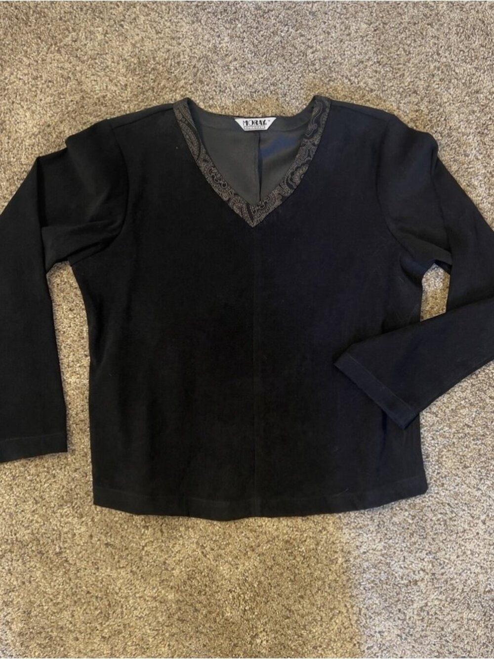 Moray California Vintage Womens Velour Sleeve V-Neck Blouse Velvet Black M Chic